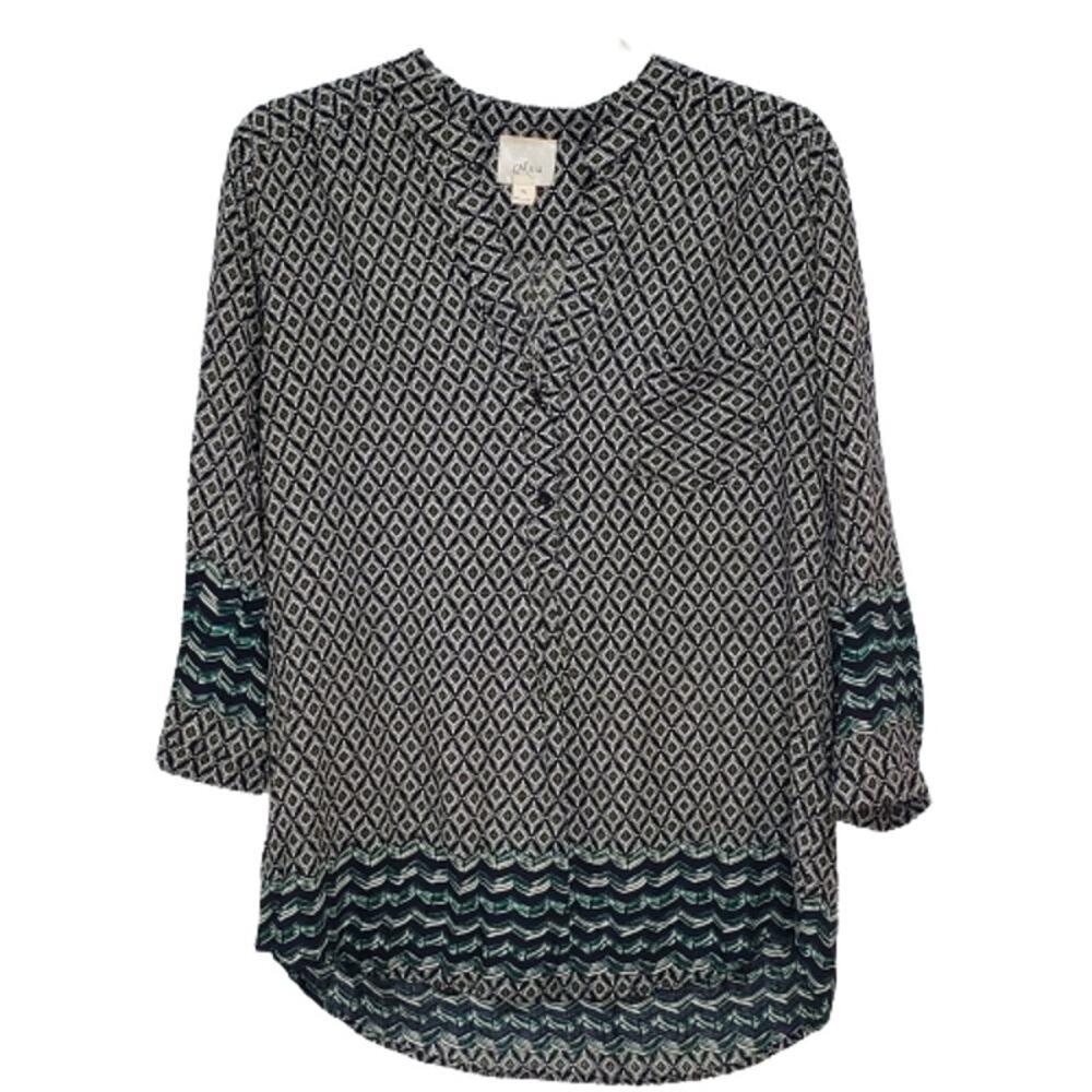 Misia Geometric Black Multicolor Long Sleeve Blouse Tunic Top XL